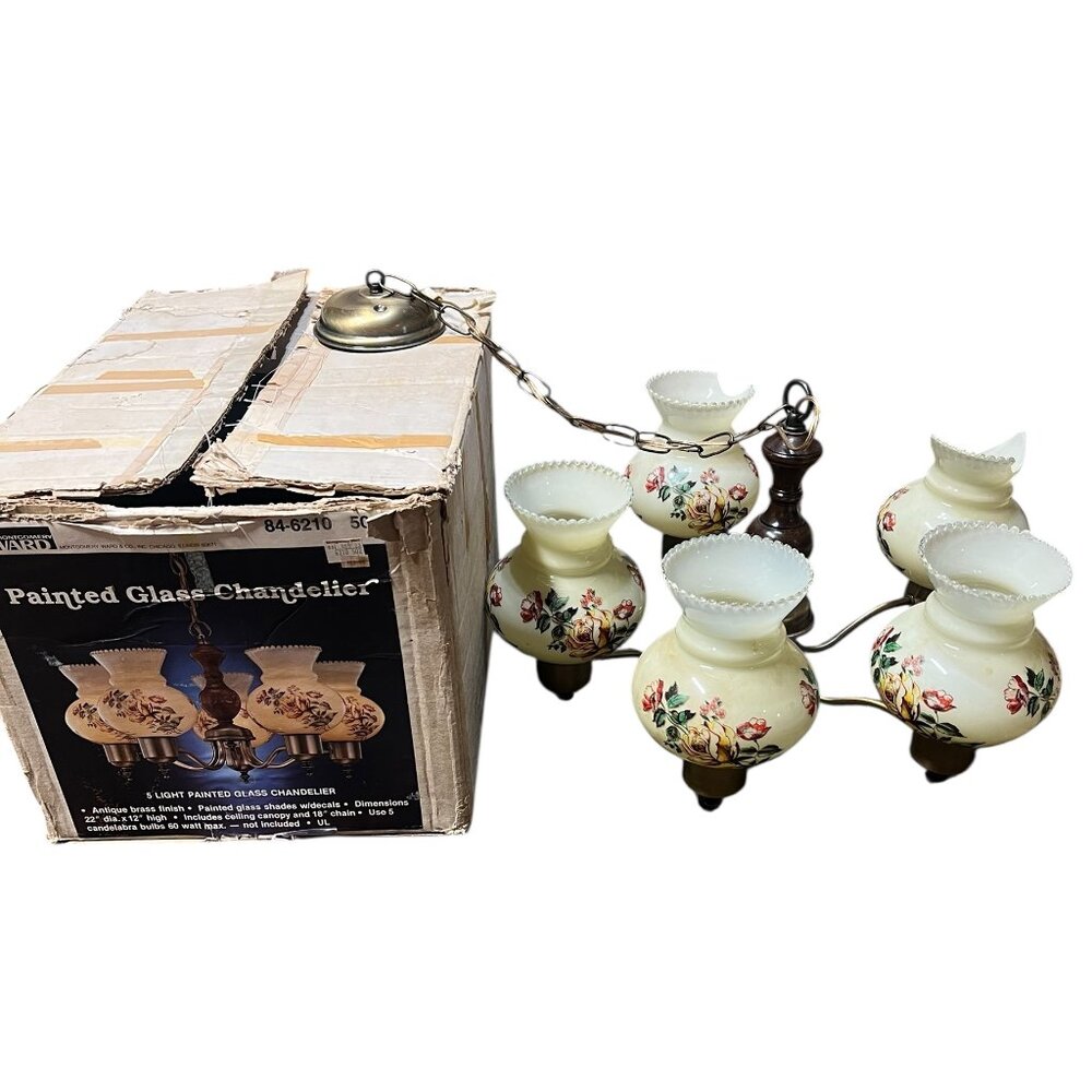 Vintage Montgomery Ward Painted Glass Chandelier 5 Hand Painted Shades Floral